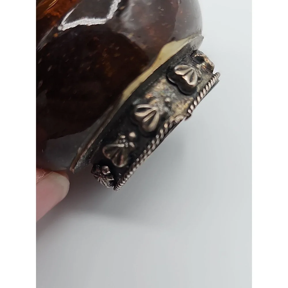 Vintage India Amber Glass Trinket Box Silver Tone Hinged Lid Footed Jewelry Box
